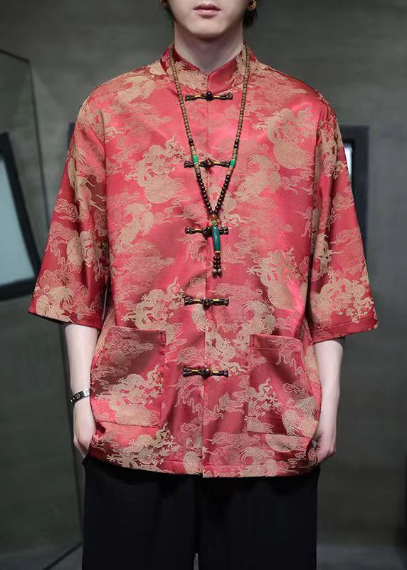 New Red Stand Collar Print Ice Silk Shirts Half Sleeve