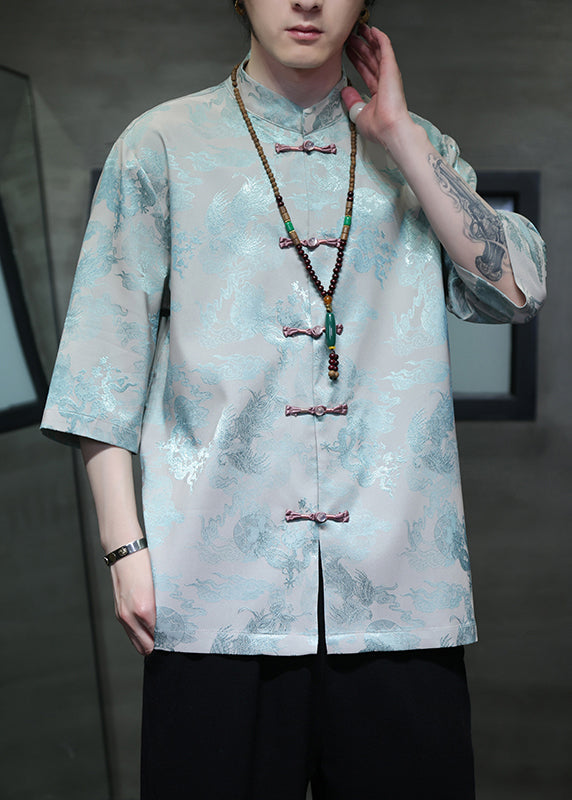 New Red Stand Collar Print Ice Silk Shirts Half Sleeve