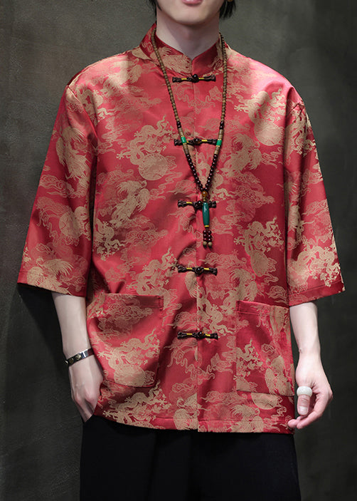 New Red Stand Collar Print Ice Silk Shirts Half Sleeve