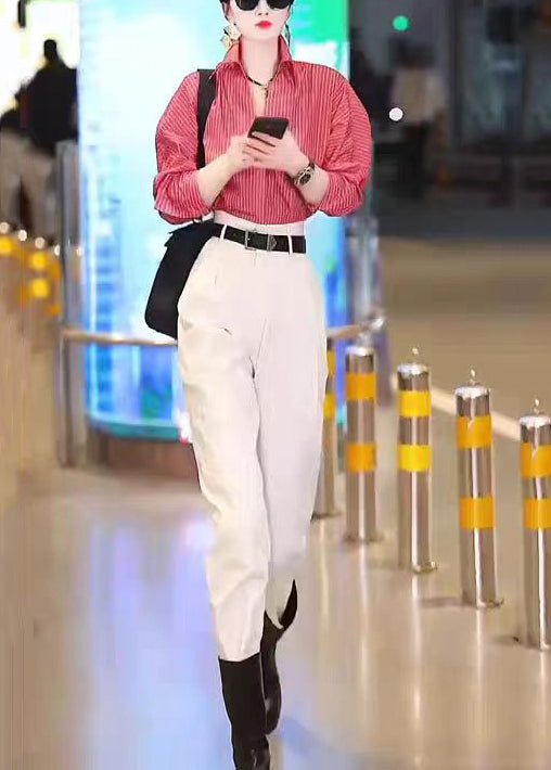 New Red Striped Shirts and White Pants Cotton Two Pieces Set Long Sleeve