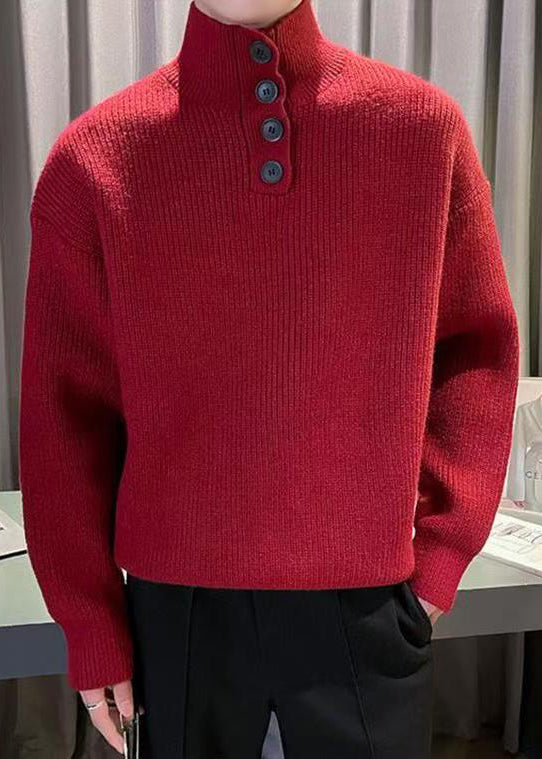 New Red Turtleneck Button Knit Sweater Tops Winter