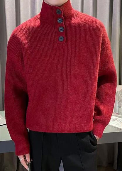 New Red Turtleneck Button Knit Sweater Tops Winter