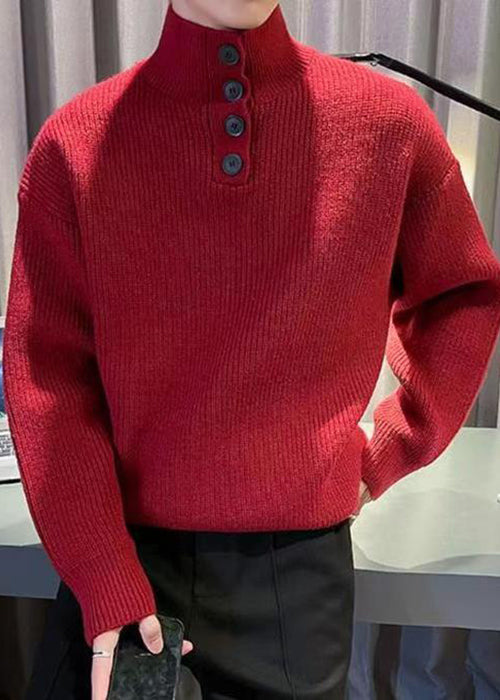 New Red Turtleneck Button Knit Sweater Tops Winter