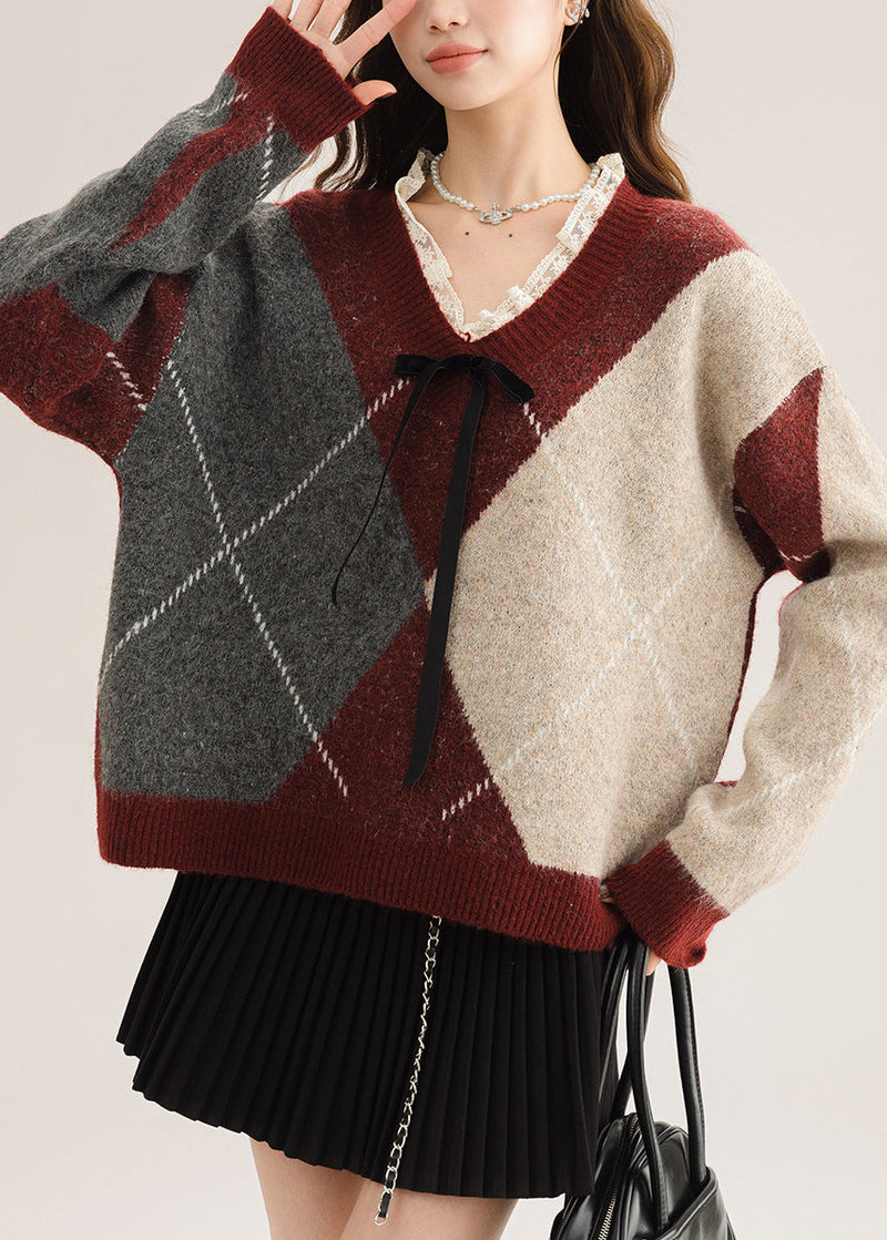 New Red V Neck Plaid Lace Patchwork Knit Sweater Spring