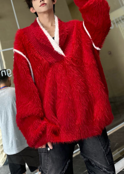 New Red V Neck Thick Patchwork Ma Hai Mao Sweaters Fall