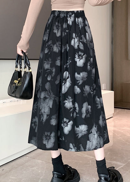 New Retro Black Print High Waist Cotton Pleated Skirt Spring