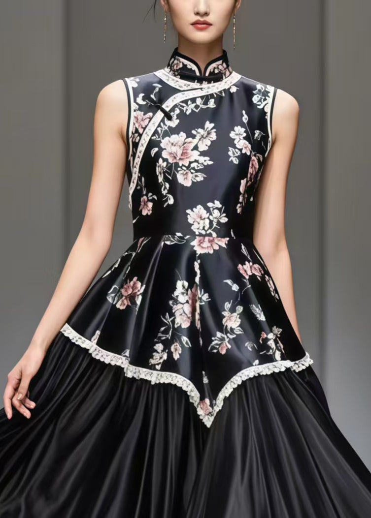 New Retro Black Print Patchwork Exra Large Hem Silk Oriental Dress Sleeveless