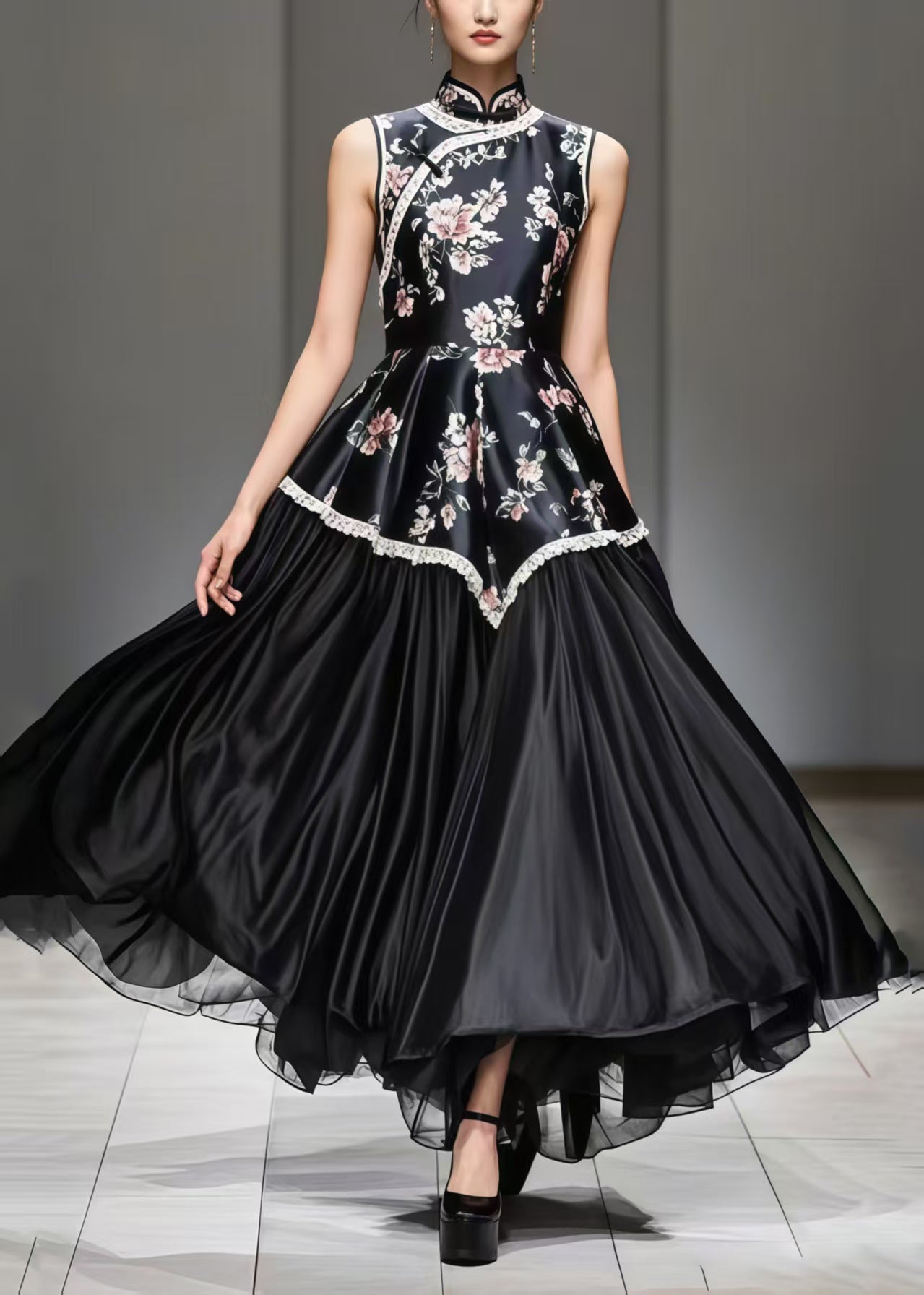 New Retro Black Print Patchwork Exra Large Hem Silk Oriental Dress Sleeveless