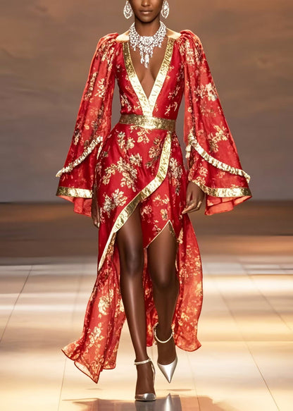 New Retro Chinese Red Asymmetrical Design Chiffon Wedding Dress Flare Sleeve