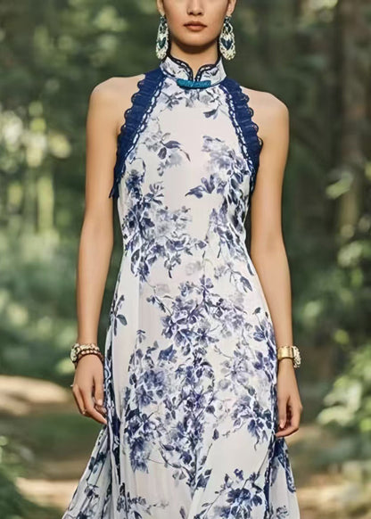 New Retro Cold Shoulder Print Chiffon Party Dress Summer