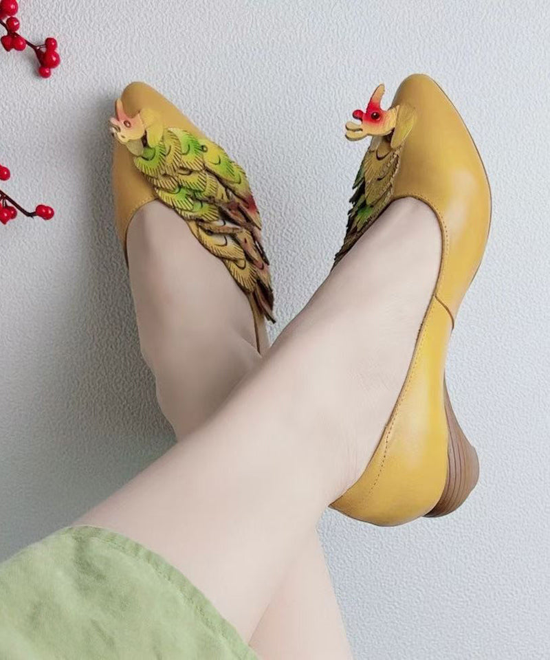 New Retro Style Yellow Pointed Toe Cowhide Leather Shoes
