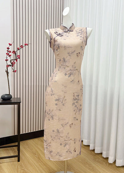 New Retro Khaki Print Cotton Cheongsam Dresses Sleeveless