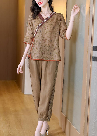 New Retro Khaki V Neck Tops and Pants Linen Two Pieces Set Summer