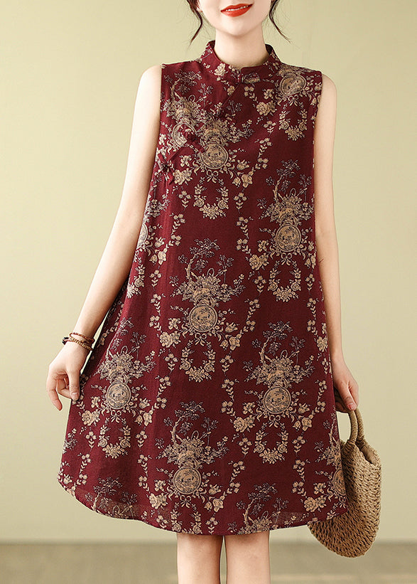 New Retro Mulberry Mandarin Collar Print Cotton a Line Dress Sleeveless