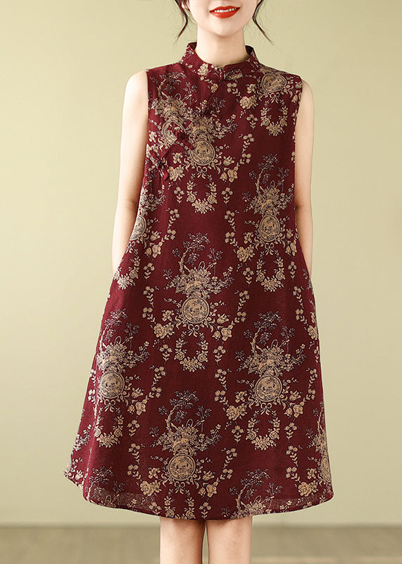 New Retro Mulberry Mandarin Collar Print Cotton a Line Dress Sleeveless