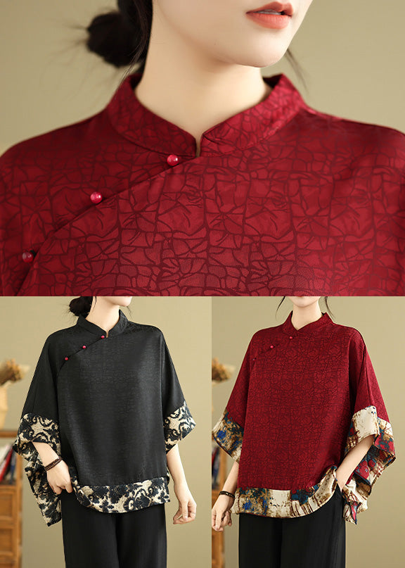 New Retro Mulberry Print Patchwork Silk Tops Batwing Sleeve