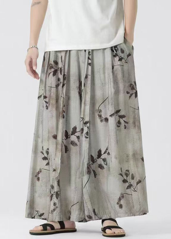 New Retro Pockets Print Elastic Waist Ice Silk Wide Leg Pants Summer
