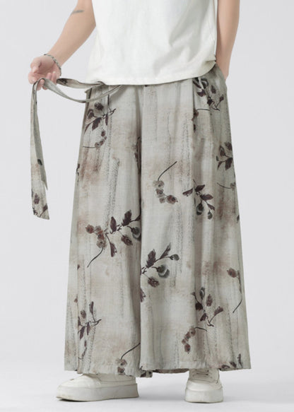 New Retro Pockets Print Elastic Waist Ice Silk Wide Leg Pants Summer