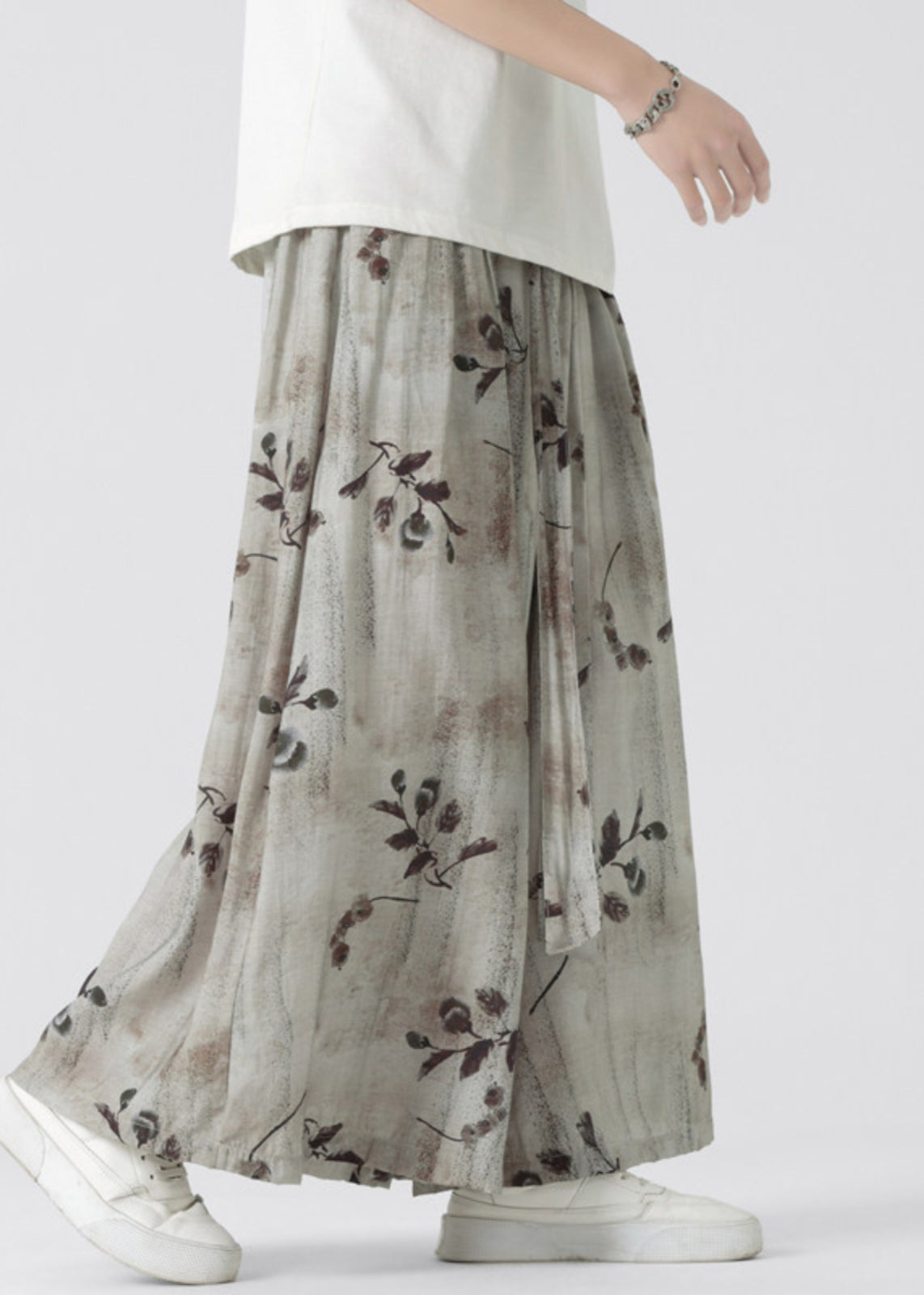 New Retro Pockets Print Elastic Waist Ice Silk Wide Leg Pants Summer