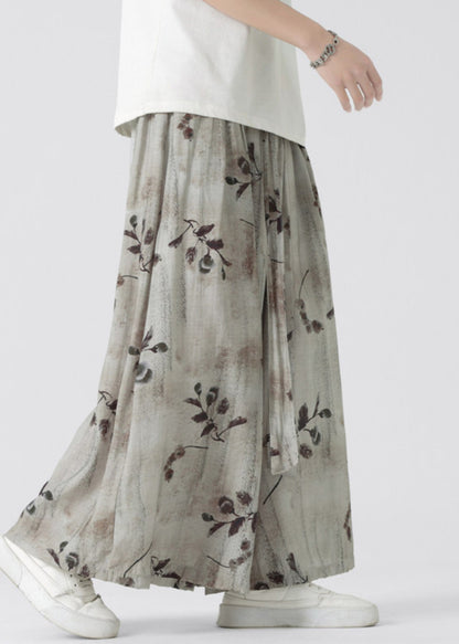 New Retro Pockets Print Elastic Waist Ice Silk Wide Leg Pants Summer