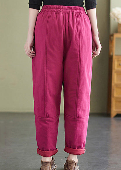 New Retro Rose Pockets Elastic Waist Fine Cotton Filled Pants Winter