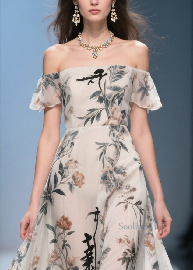 New Retro White Cold Shoulder Print Chiffon Dress Summer