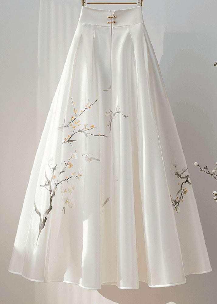 New Retro White High Waist Print Silk a Line Skirt Fall