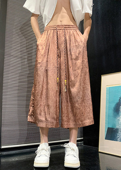New Rose Gold Button Elastic Waist Wide Leg Pants Summer