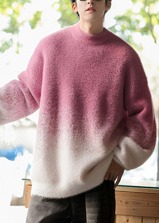 New Rose Gradient Color O Neck Cozy Knit Sweater Tops Winter