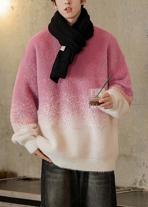 New Rose Gradient Color O Neck Cozy Knit Sweater Tops Winter