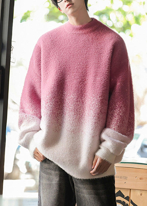 New Rose Gradient Color O Neck Cozy Knit Sweater Tops Winter