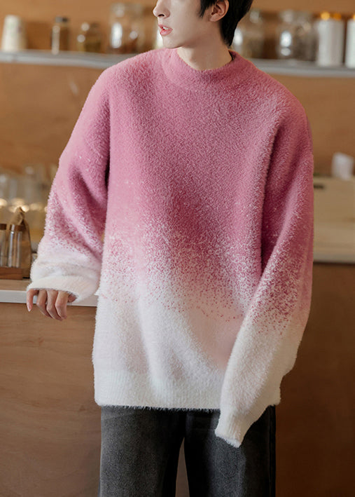 New Rose Gradient Color O Neck Cozy Knit Sweater Tops Winter
