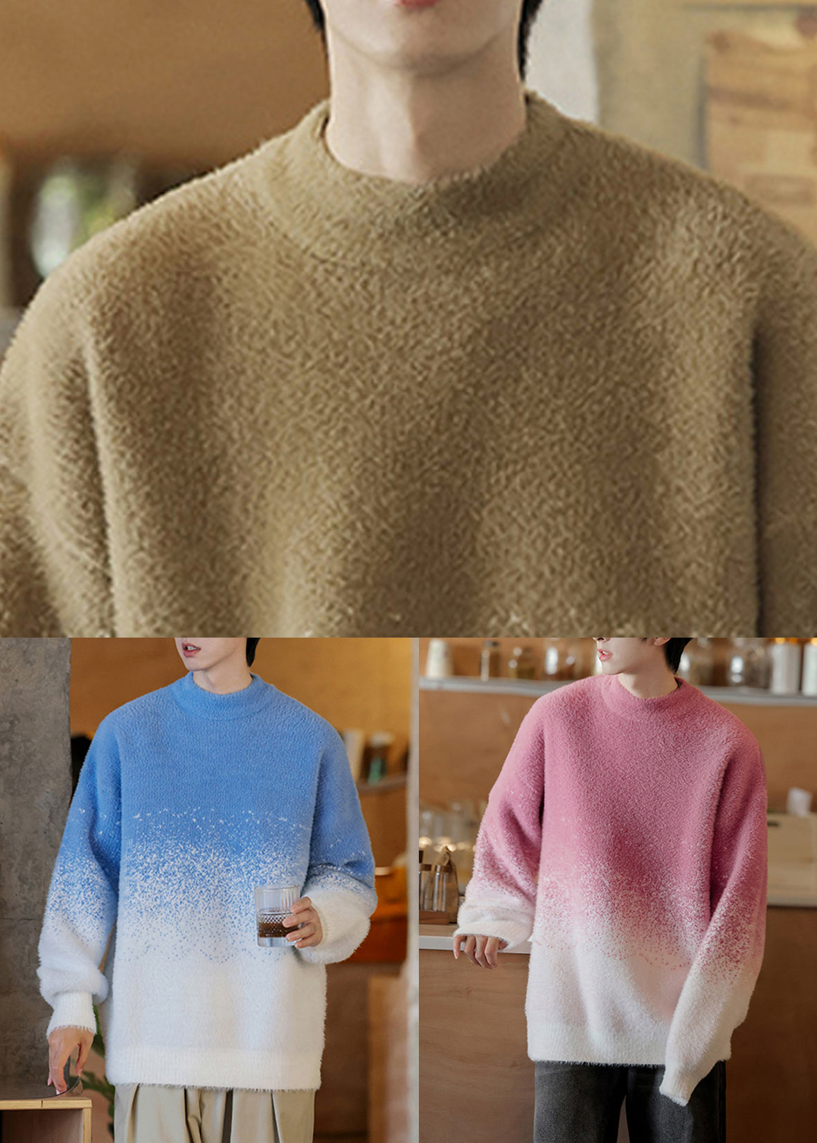 New Rose Gradient Color O Neck Cozy Knit Sweater Tops Winter