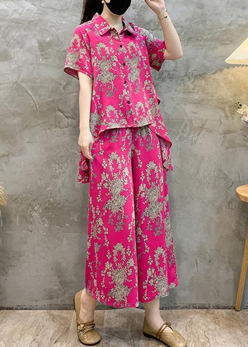 New Rose Print Shirts Tops and Crop Pants Cotton Two Pieces Set Summer