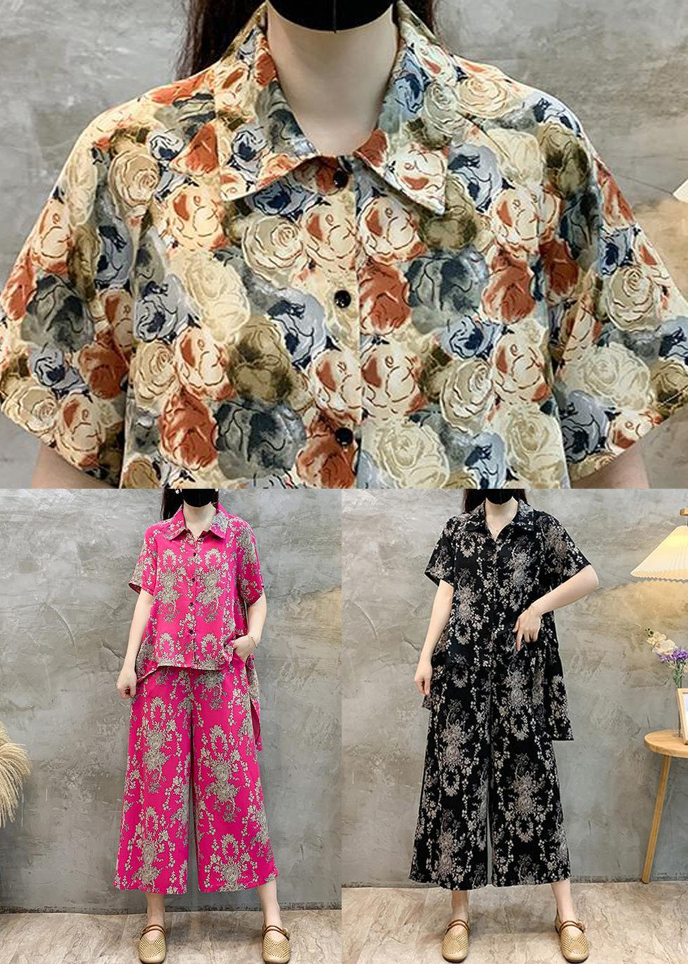 New Rose Print Shirts Tops and Crop Pants Cotton Two Pieces Set Summer