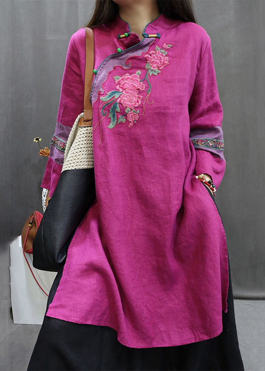 New Rose Stand Embroidered Button Collar Linen Blouses