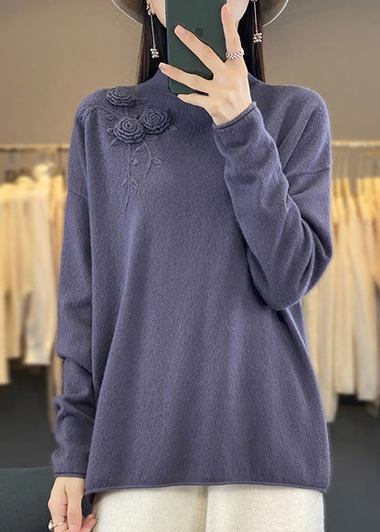 New Simple Beige Embroidered Wool Knit Pullover Spring