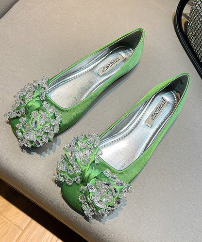 New Splicing Flat Shoes for Green Satin Bow Zircon