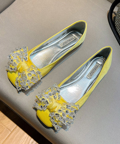 New Splicing Flat Shoes for Green Satin Bow Zircon