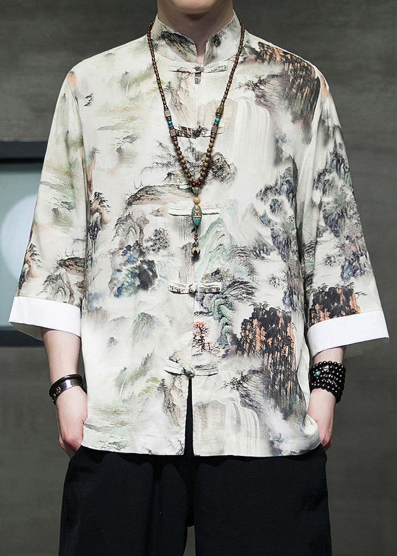New Stand Collar Print Button Ice Silk Shirts Bracelet Sleeve