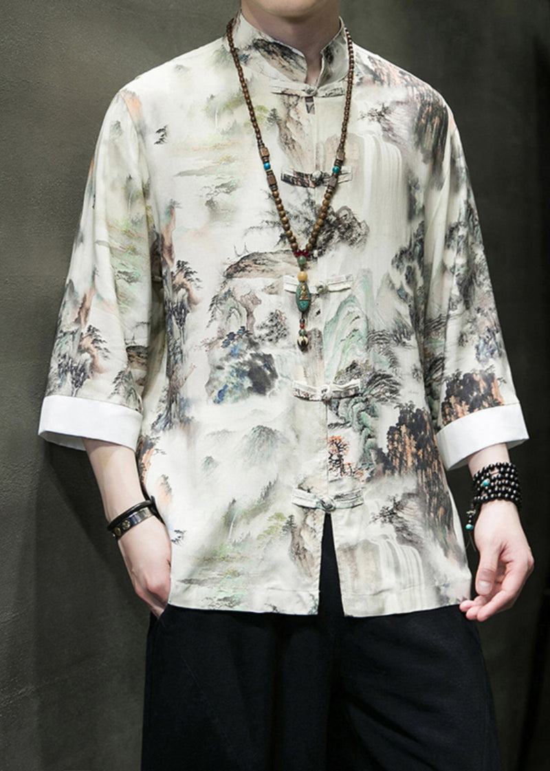 New Stand Collar Print Button Ice Silk Shirts Bracelet Sleeve