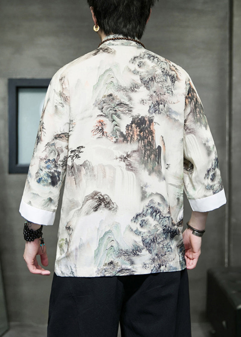 New Stand Collar Print Button Ice Silk Shirts Bracelet Sleeve