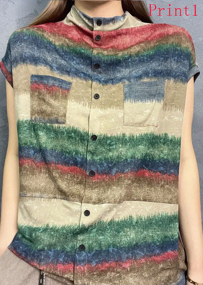 New Standing Collar Print Tie Dyed Short Sleeved Tops