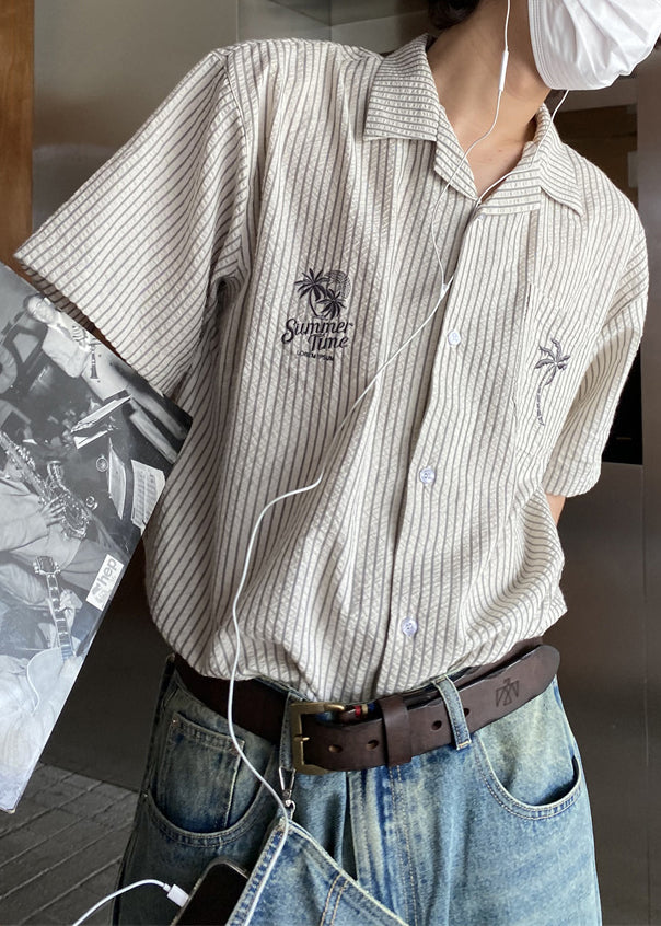 New Striped Embroideried Button Cotton Shirts Short Sleeve