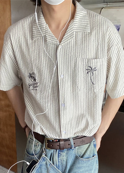 New Striped Embroideried Button Cotton Shirts Short Sleeve