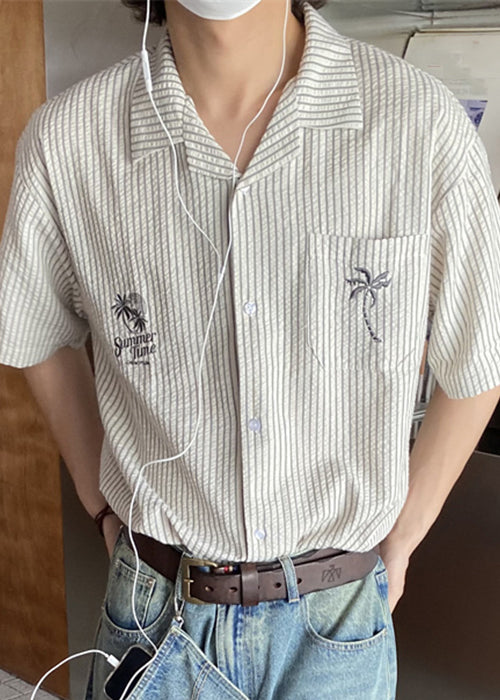 New Striped Embroideried Button Cotton Shirts Short Sleeve