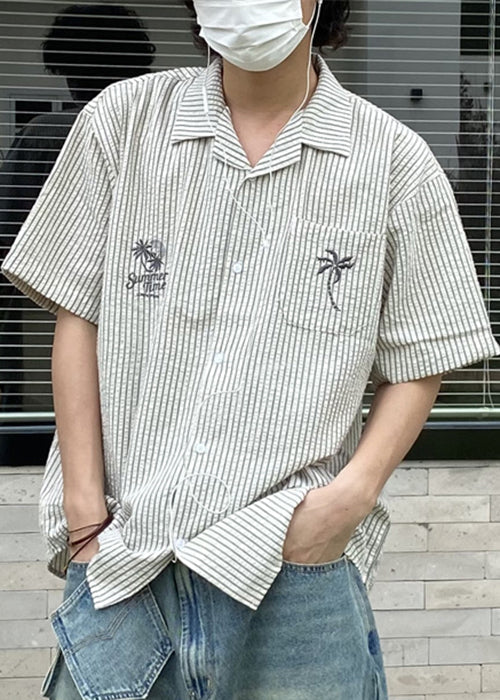 New Striped Embroideried Button Cotton Shirts Short Sleeve
