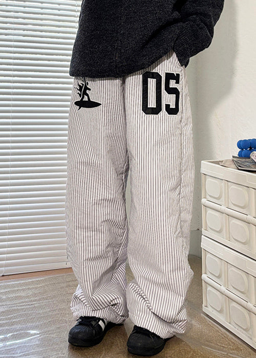 New Striped Pockets Elastic Waist Thickd Pants Winter