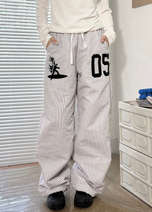 New Striped Pockets Elastic Waist Thickd Pants Winter