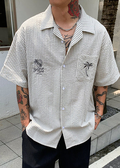 New Striped Print Pockets Cotton Shirt Summer